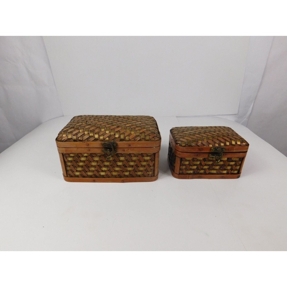 Vintage Bombay Set of 2 Nesting Wood Metal Woven Storage Boxes Hinged Lids Latch